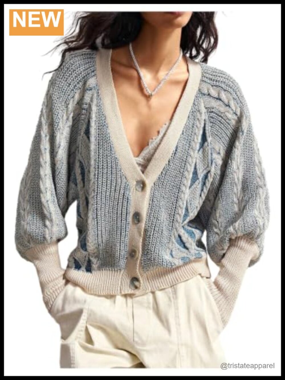 V Neck Cable Knit Cardigan Button Front Puffy Long Sleeves
